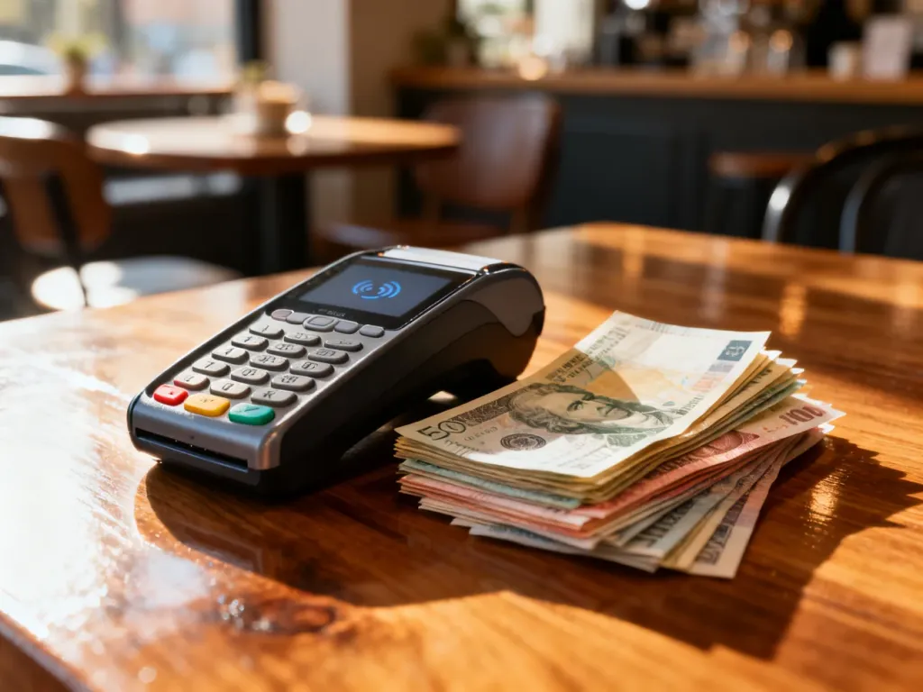 Terminal płatniczy obok stosu banknotów na drewnianym stole, symbolizujący wybór między płatnością kartą a gotówką.