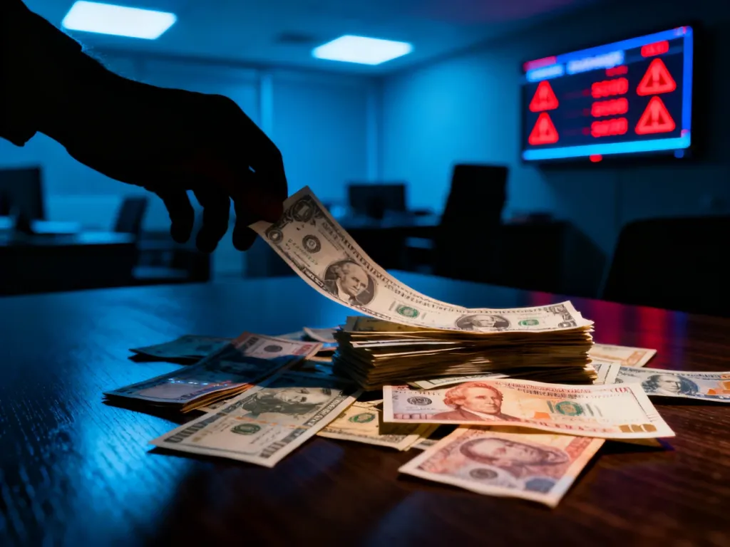 Stos pieniędzy na stole z wyciągającą je dłonią, symbolizujący ryzyko oszustw finansowych przy wymianie walut.