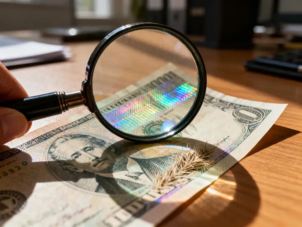 Lupa przyłożona do banknotu, ukazująca detale zabezpieczeń, takich jak hologramy i mikrodruk.