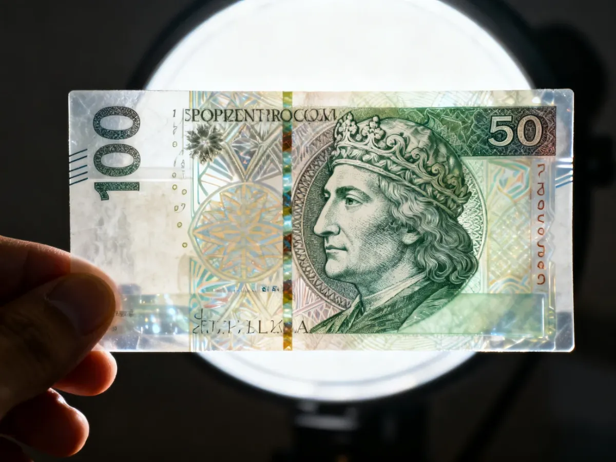 Polski banknot oglądany pod światło w celu sprawdzenia znaku wodnego i nitki zabezpieczającej