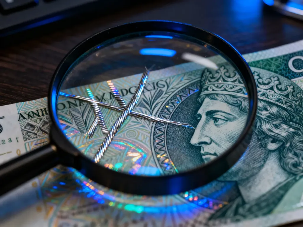Zbliżenie na detale polskiego banknotu: mikrodruk, nitkę zabezpieczającą i hologram, ukazujące precyzję wykonania oryginału.