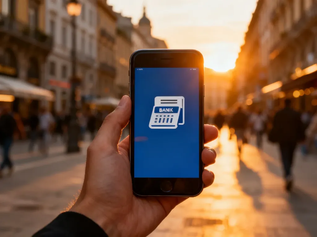 Dłoń trzymająca smartfon z otwartą aplikacją bankową, umożliwiającą wypłatę gotówki bez karty w scenerii europejskiego miasta.