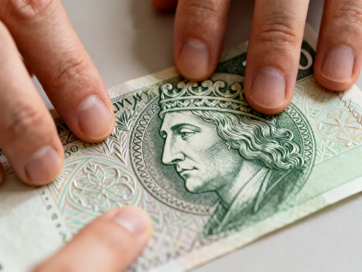 Sprawdzanie wypukłości i faktury polskiego banknotu opuszkami palców